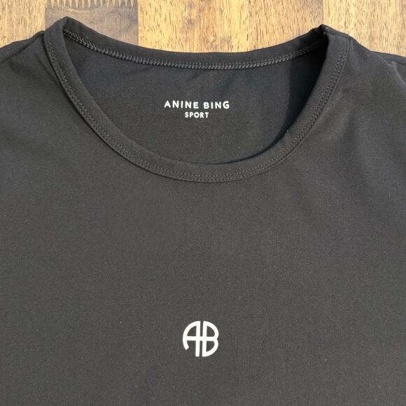 Anine Bing Sport Roxie Top Long Sleeve Active Cropped Logo Black Women’s Large - Picture 4 of 8